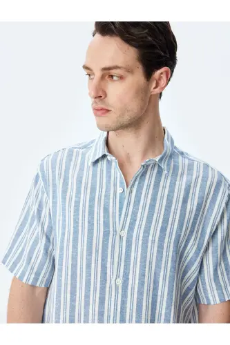 Short Sleeve Regular Fit Striped Linen Blend Shirt - KOTON (1)