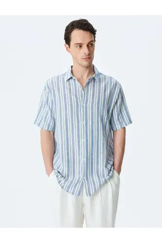 Short Sleeve Regular Fit Striped Linen Blend Shirt - 3