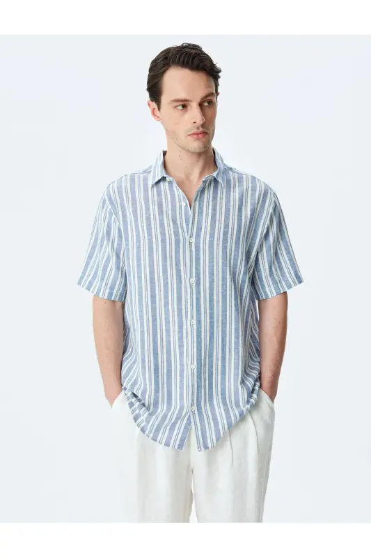 Short Sleeve Regular Fit Striped Linen Blend Shirt - 3
