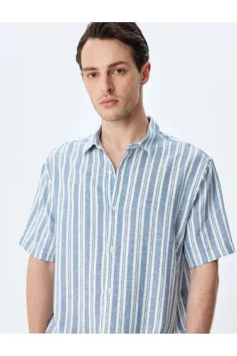 Short Sleeve Regular Fit Striped Linen Blend Shirt - 1
