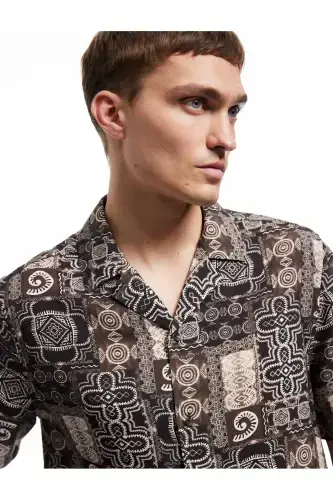Short Sleeve Regular Fit Turn-Down Collar Ethnic Patterned V - 1