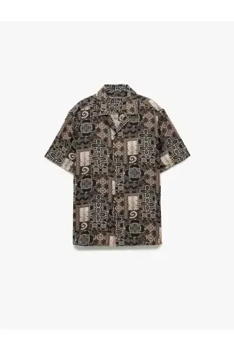 Short Sleeve Regular Fit Turn-Down Collar Ethnic Patterned V - 3