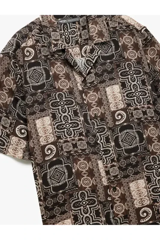 Short Sleeve Regular Fit Turn-Down Collar Ethnic Patterned V - 5
