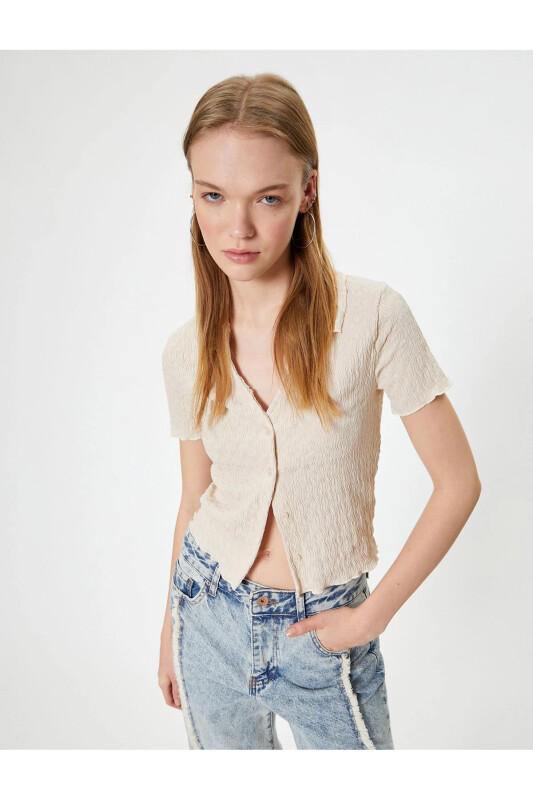 Short Sleeve Shirt Collar Blouse Buttoned Crinkle-Ecru - 1
