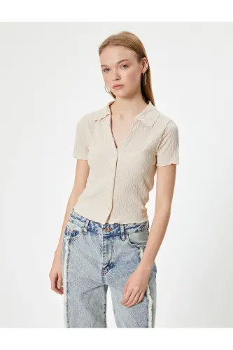 Short Sleeve Shirt Collar Blouse Buttoned Crinkle-Ecru - 3