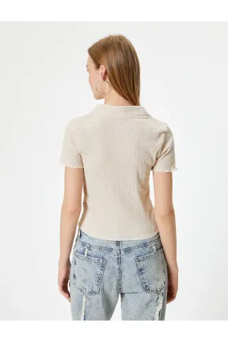 Short Sleeve Shirt Collar Blouse Buttoned Crinkle-Ecru - 4