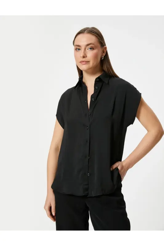 Short Sleeve Shirt Relaxed Fit Classic Collar Buttoned-Black - 1