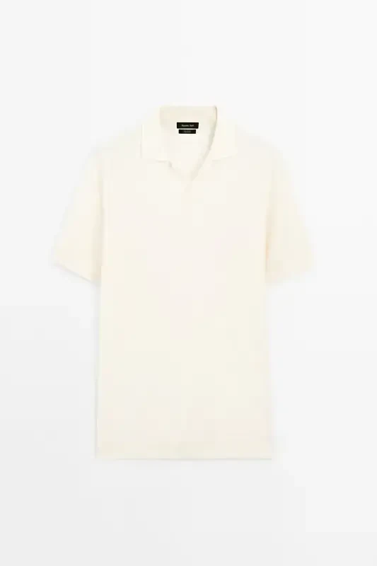 Short sleeve textured knit polo shirt-Cream - 1