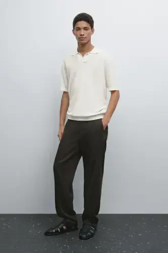 Short sleeve textured knit polo shirt-Cream - MASSIMO DUTTI (1)