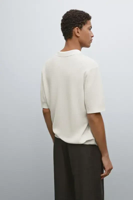 Short sleeve textured knit polo shirt-Cream - 4