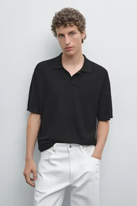 Short sleeve textured knit polo shirt - DARK NAVY - 2