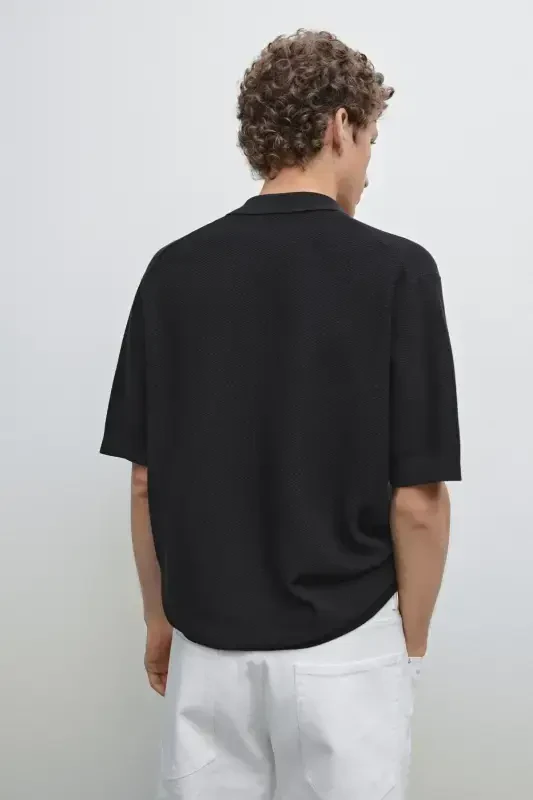 Short sleeve textured knit polo shirt - DARK NAVY - 4