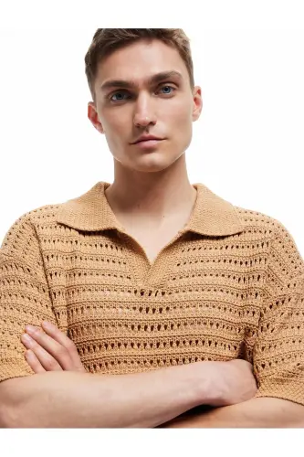 Short Sleeve V Neck Openwork Knit T-Shirt - 1