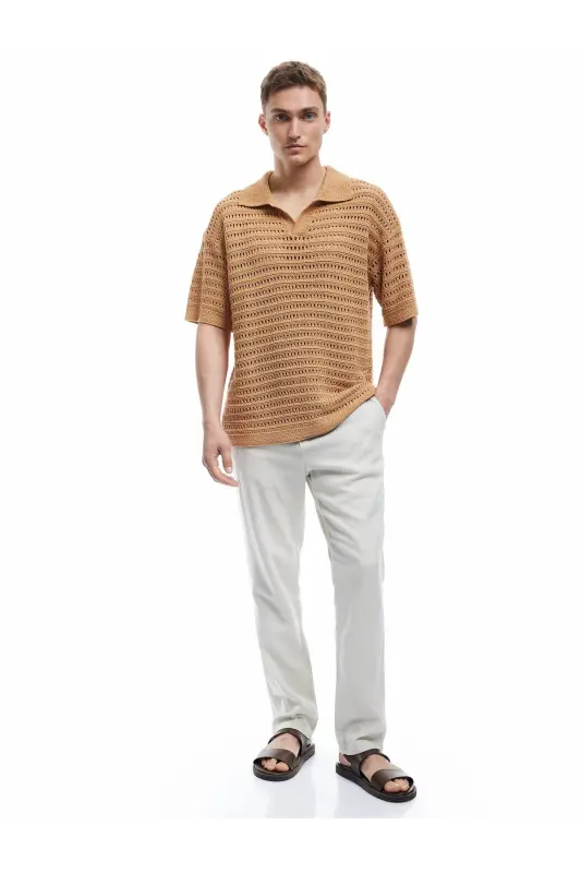 Short Sleeve V Neck Openwork Knit T-Shirt - 2