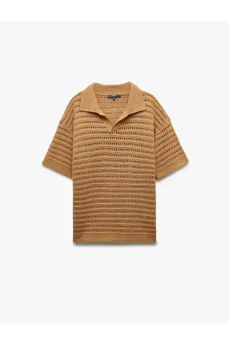 Short Sleeve V Neck Openwork Knit T-Shirt - 3