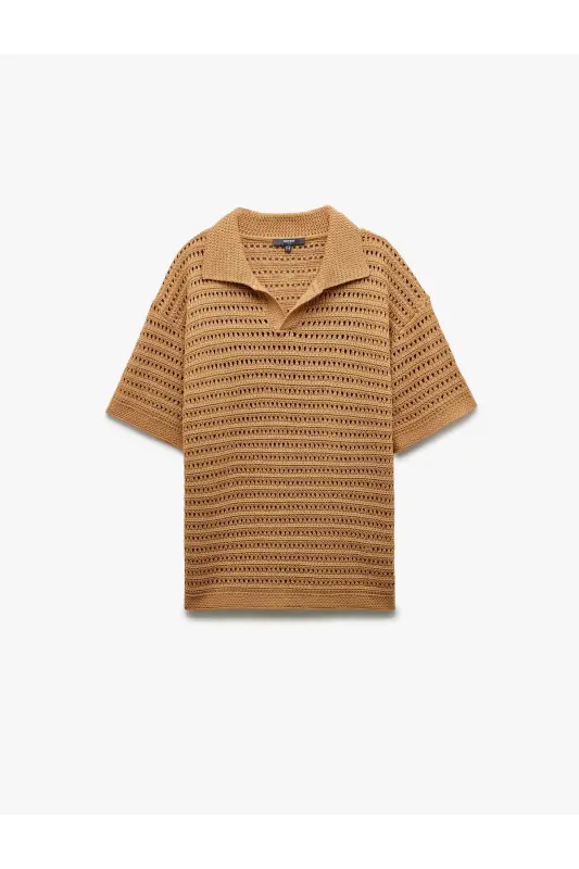 Short Sleeve V Neck Openwork Knit T-Shirt - 3