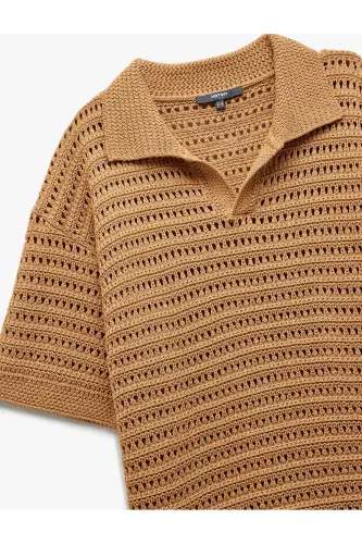 Short Sleeve V Neck Openwork Knit T-Shirt - 5