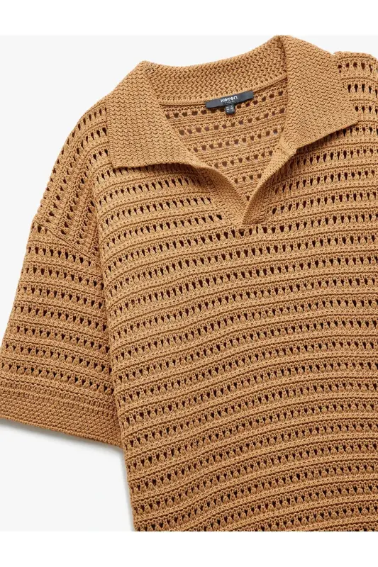 Short Sleeve V Neck Openwork Knit T-Shirt - 5