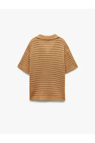 Short Sleeve V Neck Openwork Knit T-Shirt - 6