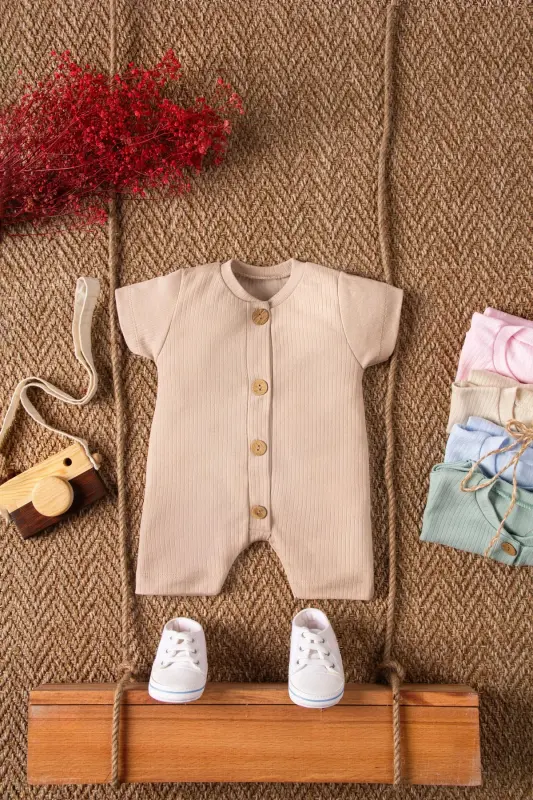 Short Sleeve Wooden Button Organic Jumpsuit Baby Set - MAI PERLA