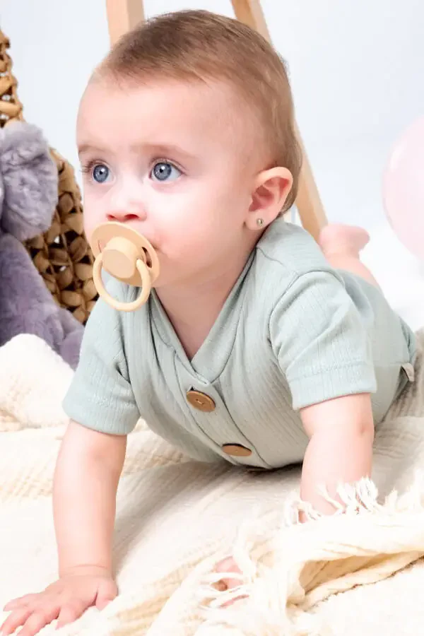 Short Sleeve Wooden Button Organic Jumpsuit Baby Set - 2