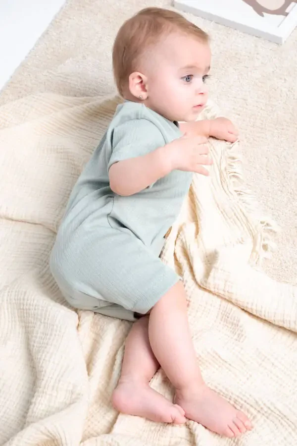 Short Sleeve Wooden Button Organic Jumpsuit Baby Set - 3