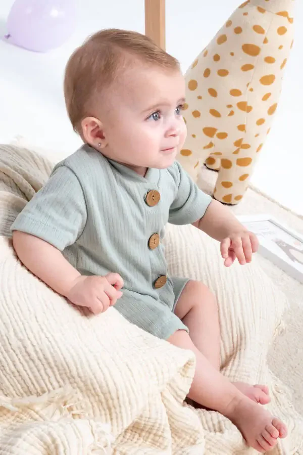 Short Sleeve Wooden Button Organic Jumpsuit Baby Set - 4