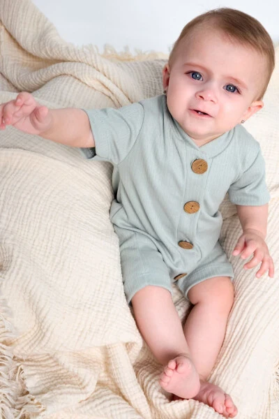 Short Sleeve Wooden Button Organic Jumpsuit Baby Set - 5