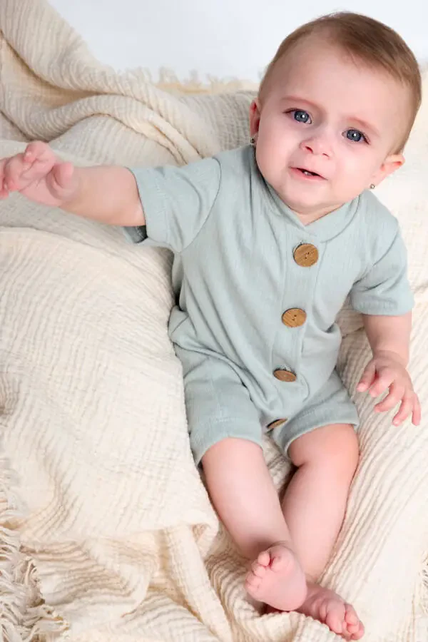Short Sleeve Wooden Button Organic Jumpsuit Baby Set - 5