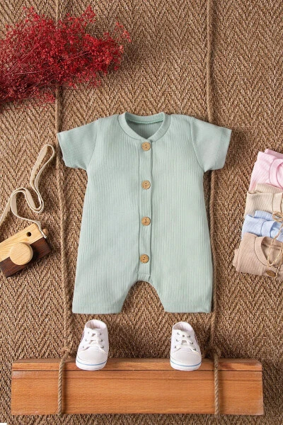 Short Sleeve Wooden Button Organic Jumpsuit Baby Set - 6