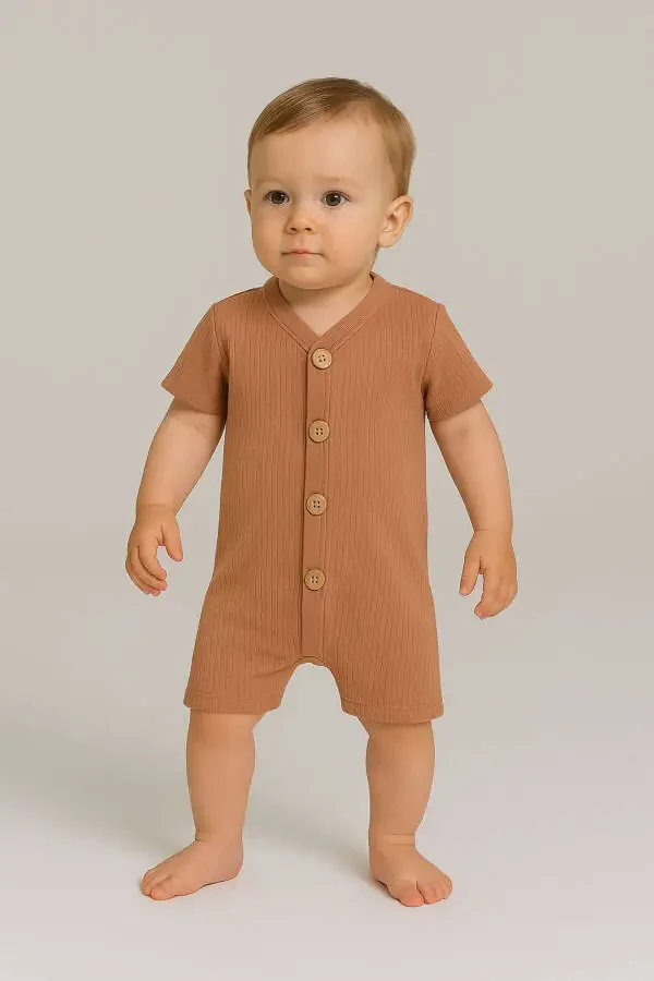 Short Sleeve Wooden Button Organic Romper Baby Set - 1