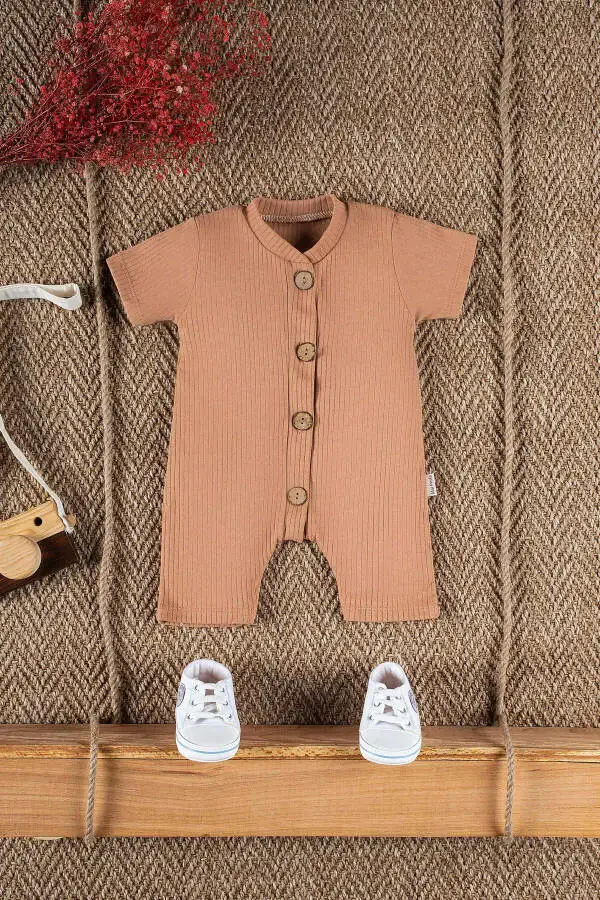 Short Sleeve Wooden Button Organic Romper Baby Set - 2