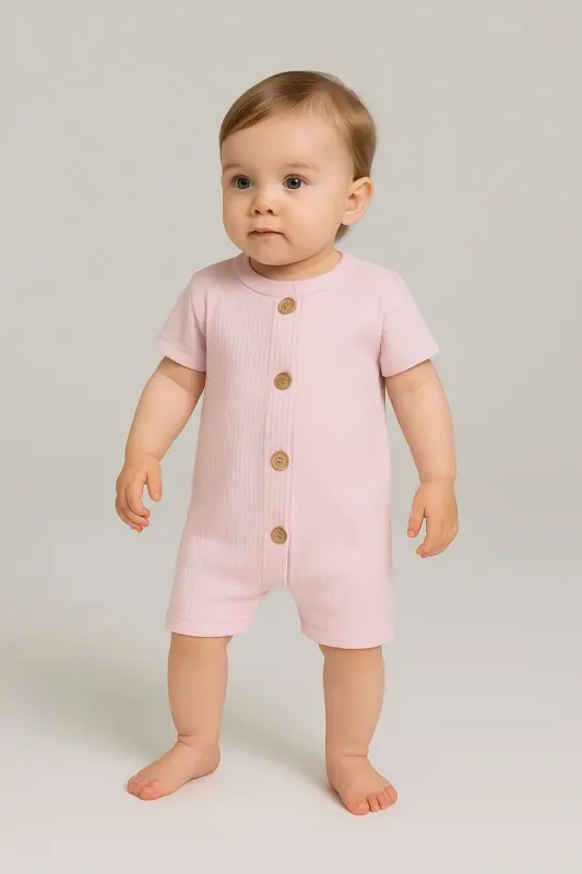 Short Sleeve Wooden Button Organic Romper Baby Set - 2