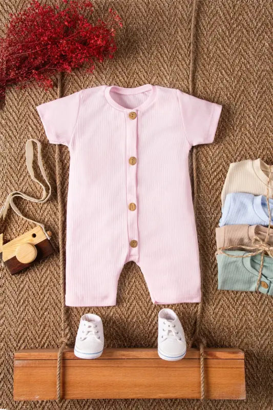 Short Sleeve Wooden Button Organic Romper Baby Set - 3