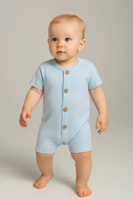 Short Sleeve Wooden Buttoned Organic Jumpsuit Baby Set-Light Blue - 1