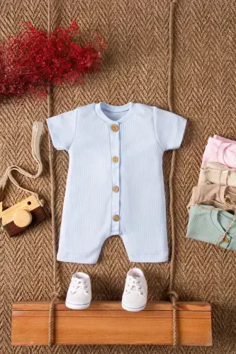 Short Sleeve Wooden Buttoned Organic Jumpsuit Baby Set-Light Blue - MAI PERLA (1)