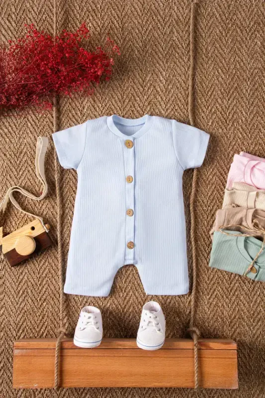 Short Sleeve Wooden Buttoned Organic Jumpsuit Baby Set-Light Blue - 2