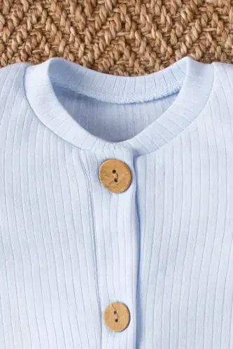 Short Sleeve Wooden Buttoned Organic Jumpsuit Baby Set-Light Blue - 3