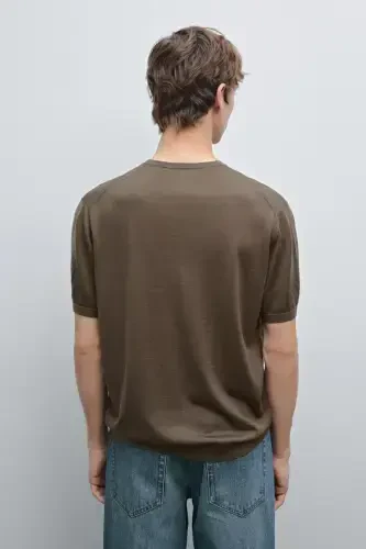 Short sleeve wool knit t-shirt-KHAKI - 1