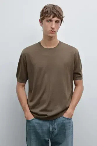 Short sleeve wool knit t-shirt-KHAKI - 3