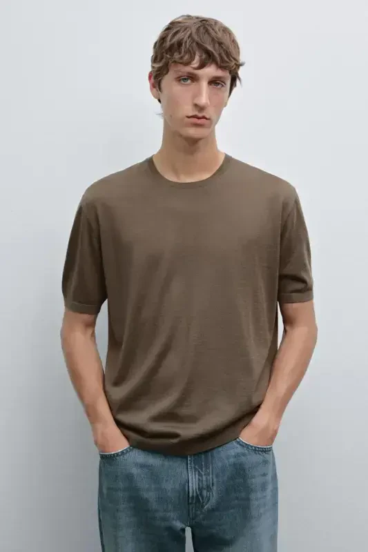 Short sleeve wool knit t-shirt-KHAKI - 3