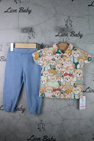 Short-Sleeved Button-Up Shirt with Bear Print and Soft Lycra Denim Pants 6-18 Months Boy Baby Set - KZY STORE
