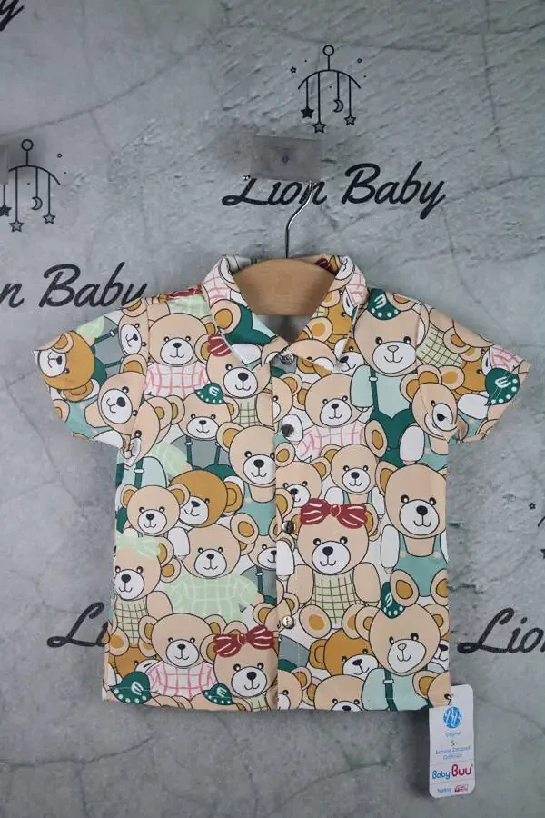 Short-Sleeved Button-Up Shirt with Bear Print and Soft Lycra Denim Pants 6-18 Months Boy Baby Set - 2