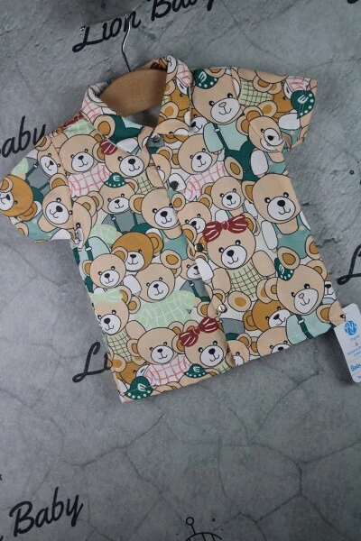Short-Sleeved Button-Up Shirt with Bear Print and Soft Lycra Denim Pants 6-18 Months Boy Baby Set - 3
