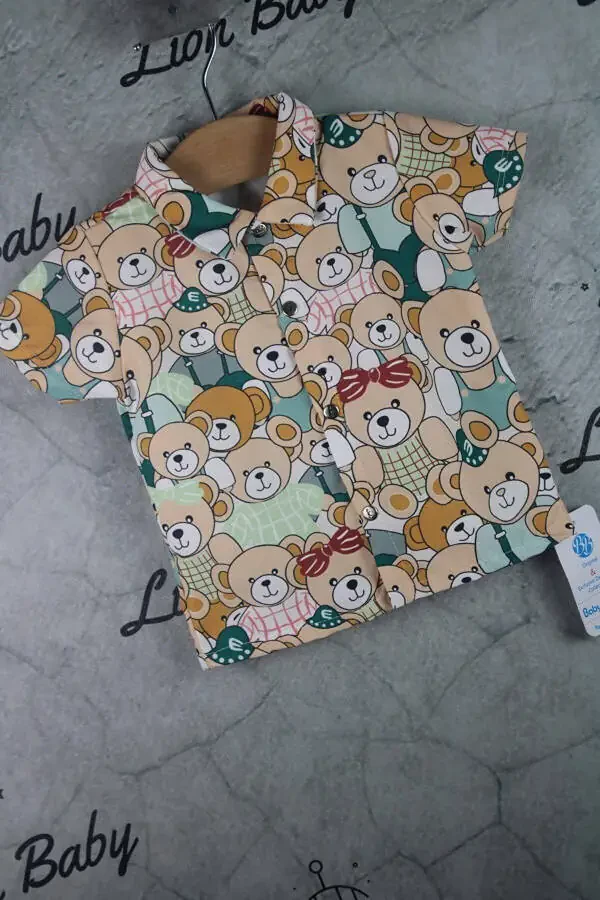 Short-Sleeved Button-Up Shirt with Bear Print and Soft Lycra Denim Pants 6-18 Months Boy Baby Set - 3