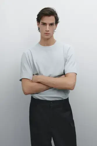 Short-sleeved linen and cotton blend t-shirt - Light M - MASSIMO DUTTI (1)