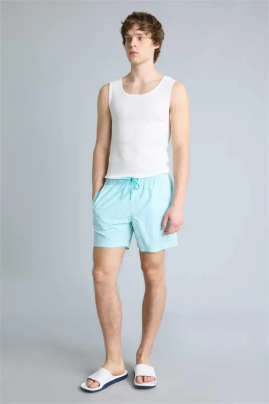 Short Striped Navy Blue Swim Shorts - 1