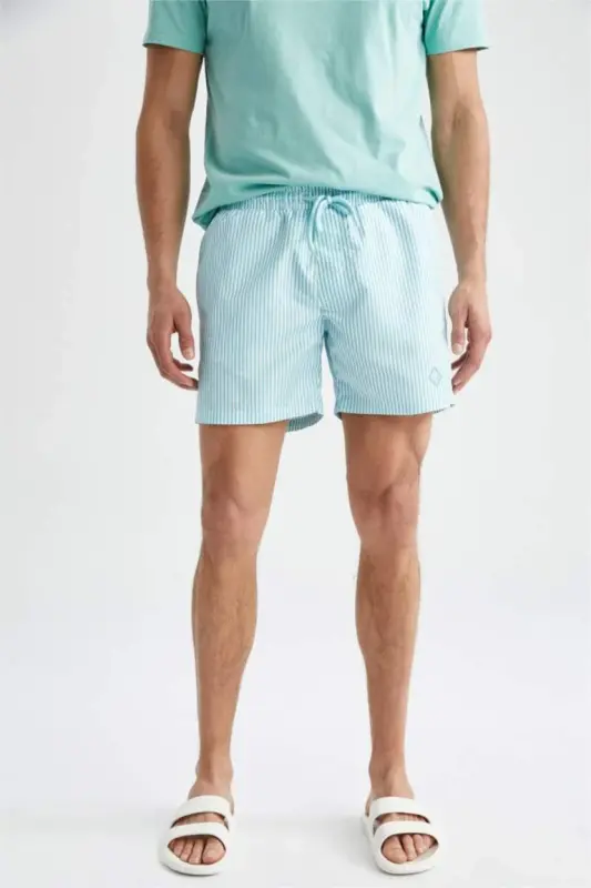 Short Striped Navy Blue Swim Shorts - 1