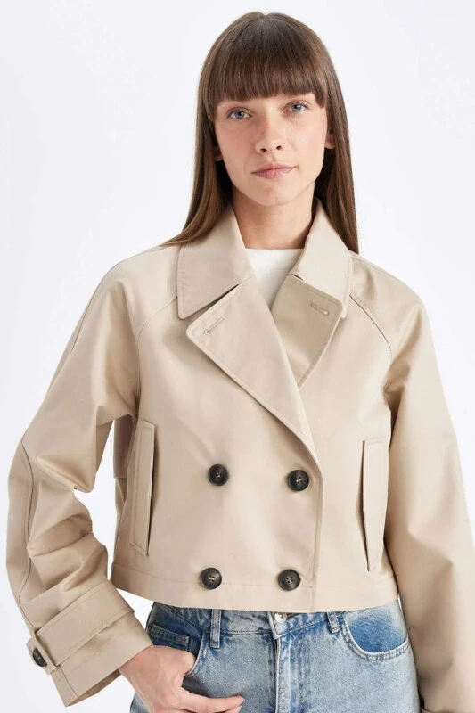 Short Trenchcoat Pattern Tuxedo Collar Buttoned Cotton - DEFACTO