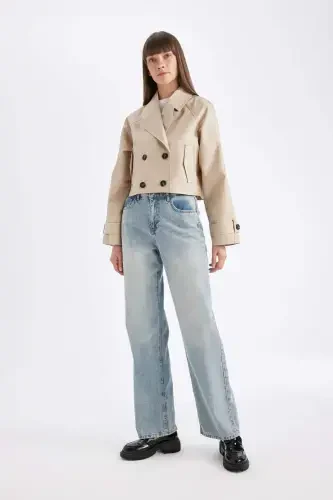 Short Trenchcoat Pattern Tuxedo Collar Buttoned Cotton - DEFACTO (1)